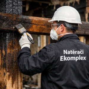 Natěrač aplikuje ochranný nátěr na dřevěnou konstrukci po požáru, zajišťuje neutralizaci sazí a dlouhodobou odolnost materiálu.