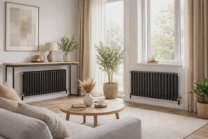 Moderní obývací pokoj s černými radiátory na stěně – elegantní doplněk interiéru.