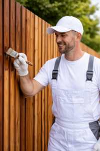 Profesionální natěrač Ekomplex provádí nátěr plotu